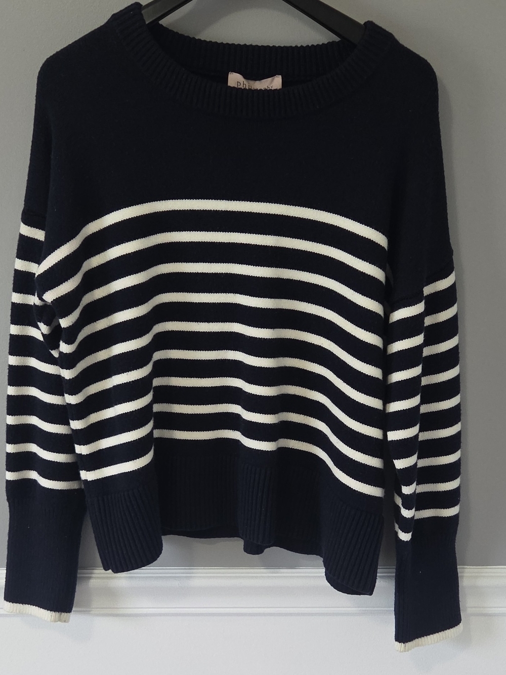 Philosophy Navy and White Striped Crewneck Sweater XL Coastal Nautical Preppy - Picture 2 of 8